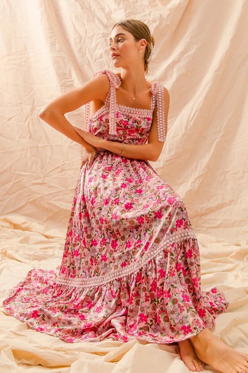 SO ME Floral Maxi Dress With Ribbon Tie Lace Strap - Blu Lotus Boutique