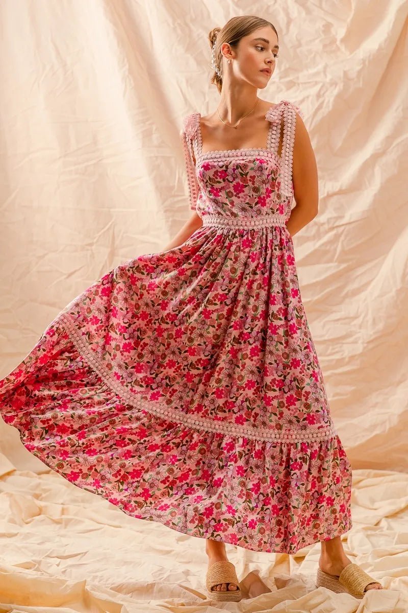 SO ME Floral Maxi Dress With Ribbon Tie Lace Strap - Blu Lotus Boutique