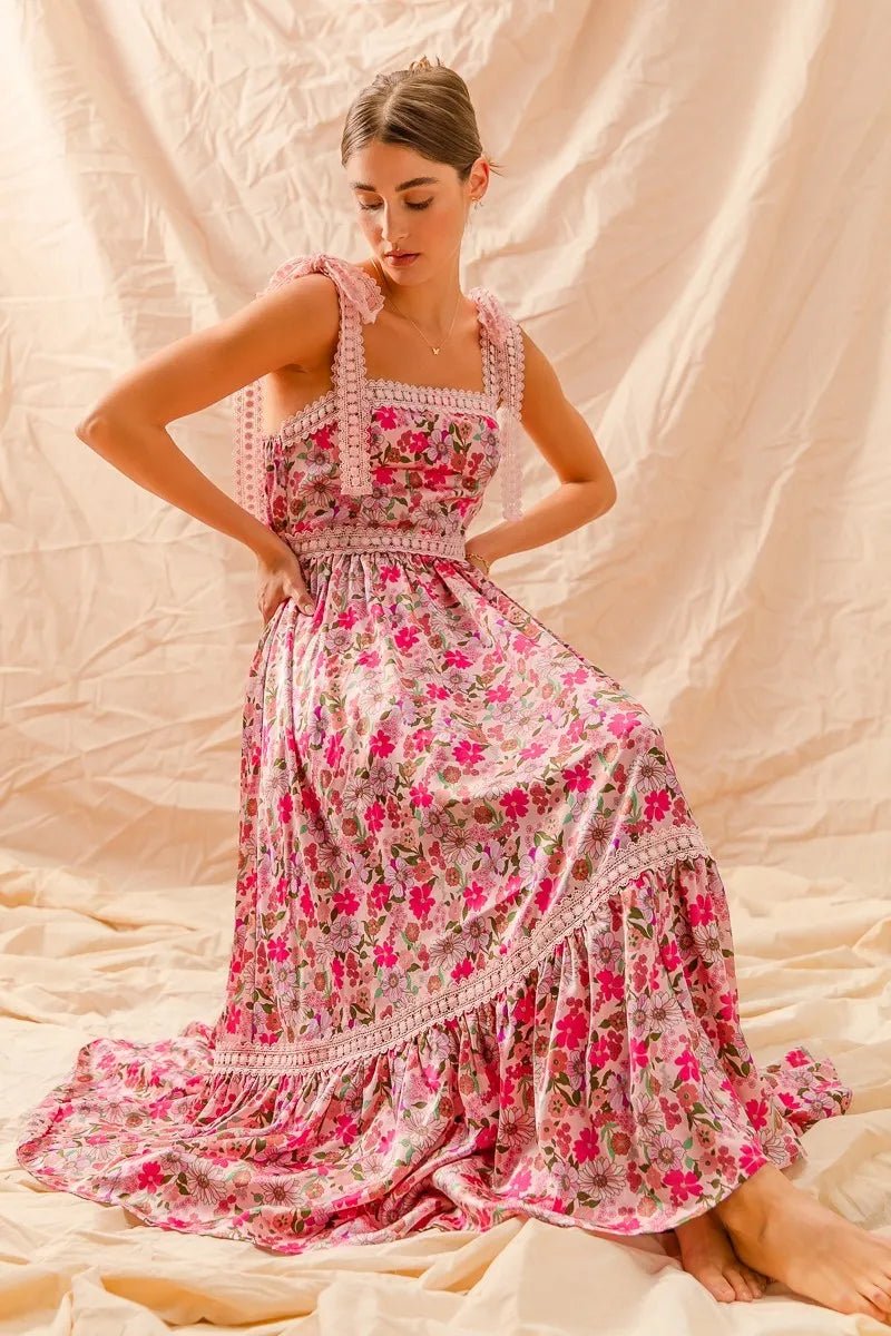 SO ME Floral Maxi Dress With Ribbon Tie Lace Strap - Blu Lotus Boutique