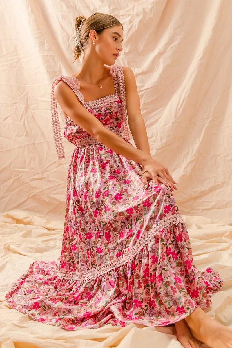 SO ME Floral Maxi Dress With Ribbon Tie Lace Strap - Blu Lotus Boutique