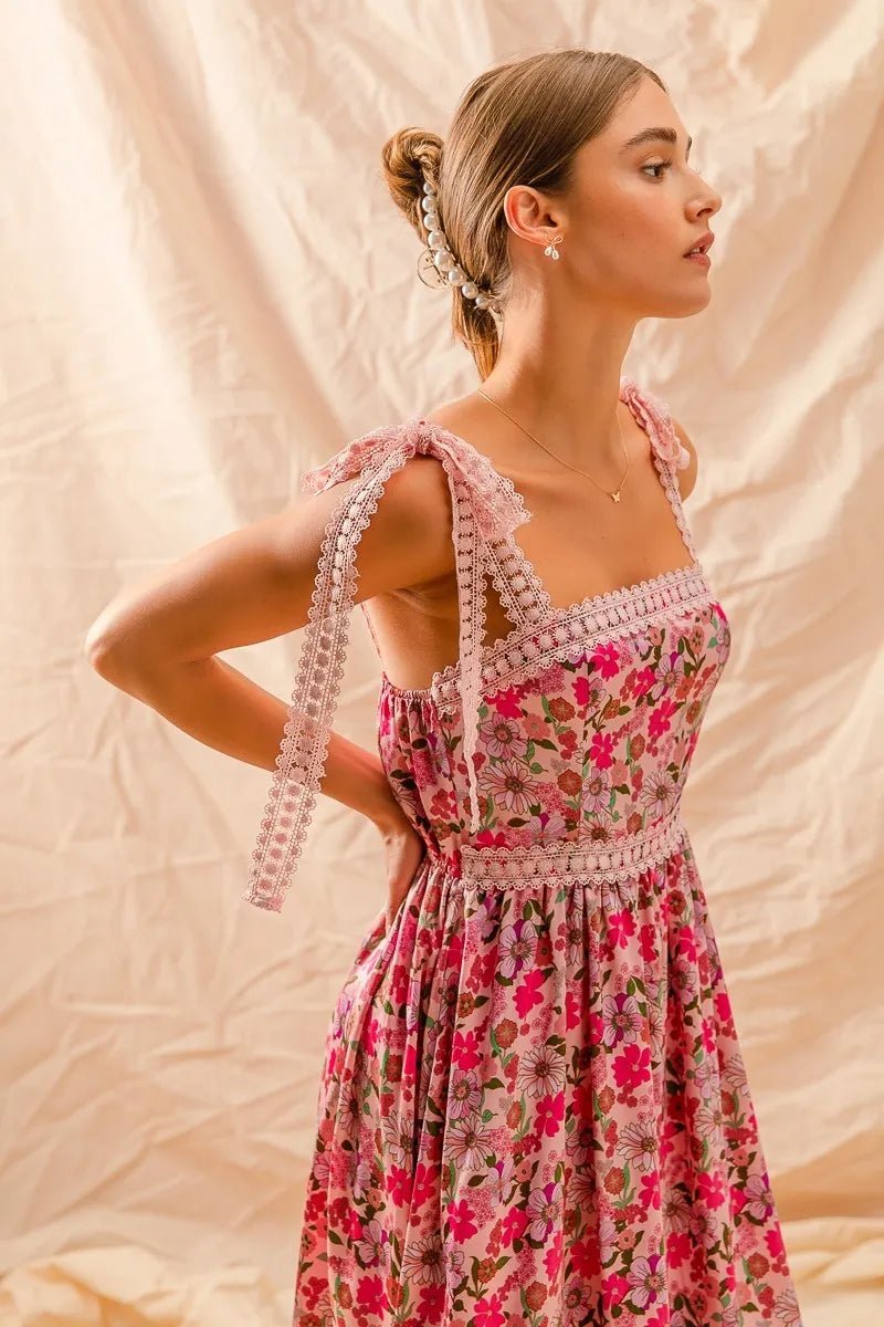 SO ME Floral Maxi Dress With Ribbon Tie Lace Strap - Blu Lotus Boutique