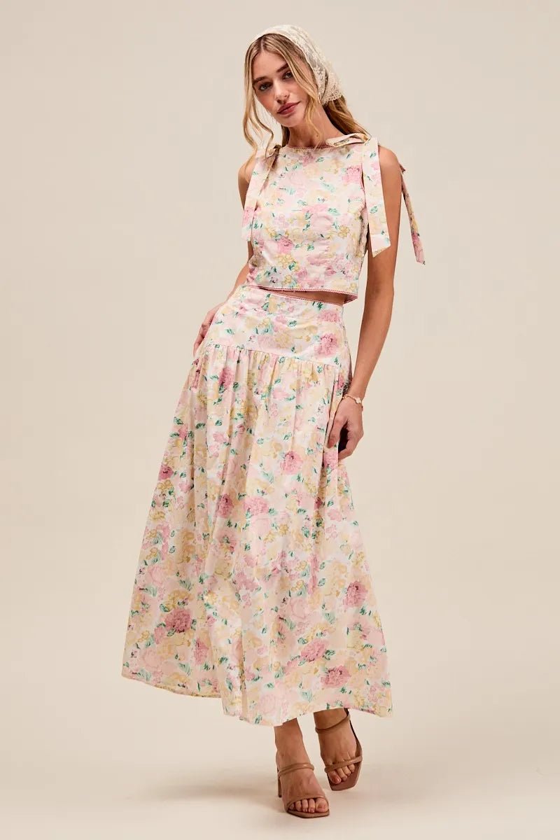 SO ME Floral Printed Woven Shoulder Bow Tie Top and Skirt Set - Blu Lotus Boutique