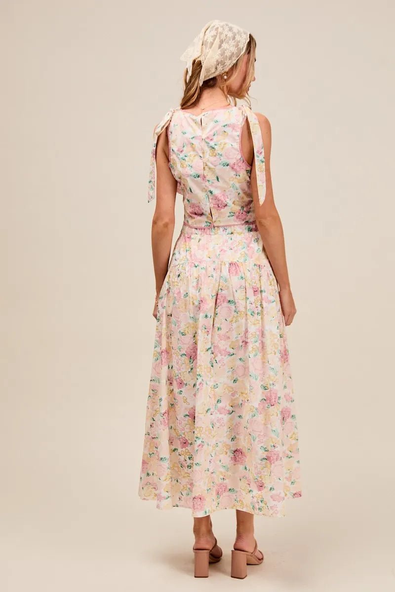 SO ME Floral Printed Woven Shoulder Bow Tie Top and Skirt Set - Blu Lotus Boutique
