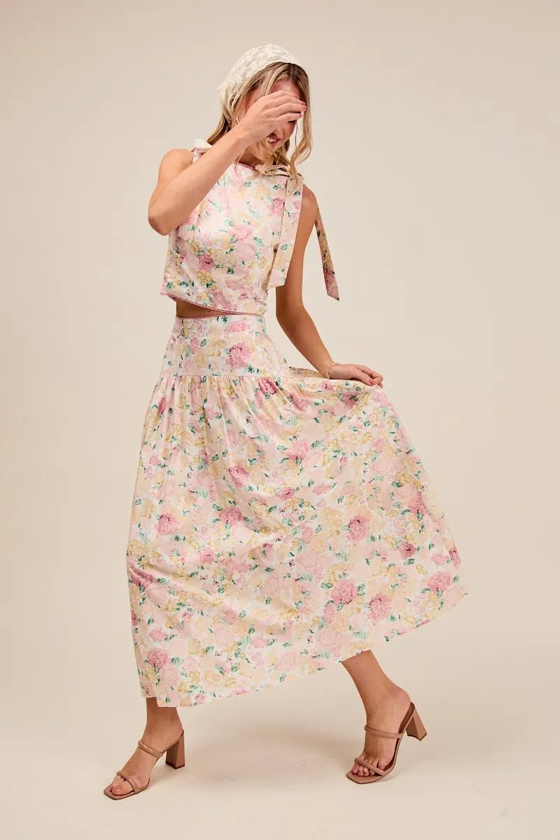 SO ME Floral Printed Woven Shoulder Bow Tie Top and Skirt Set - Blu Lotus Boutique