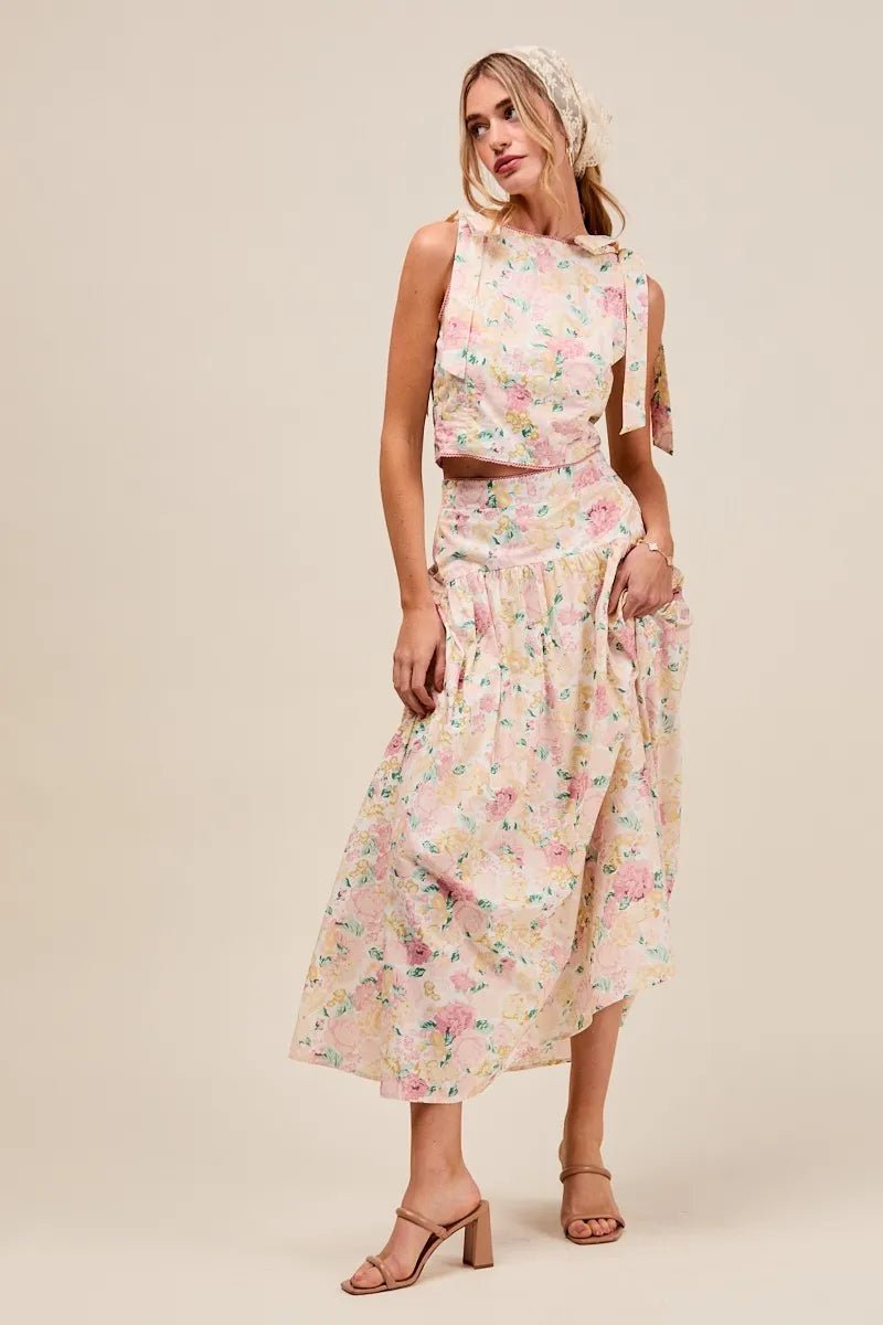 SO ME Floral Printed Woven Shoulder Bow Tie Top and Skirt Set - Blu Lotus Boutique