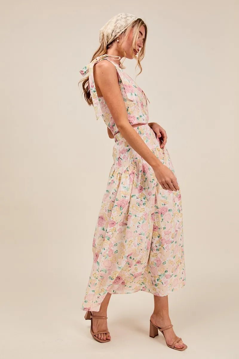 SO ME Floral Printed Woven Shoulder Bow Tie Top and Skirt Set - Blu Lotus Boutique