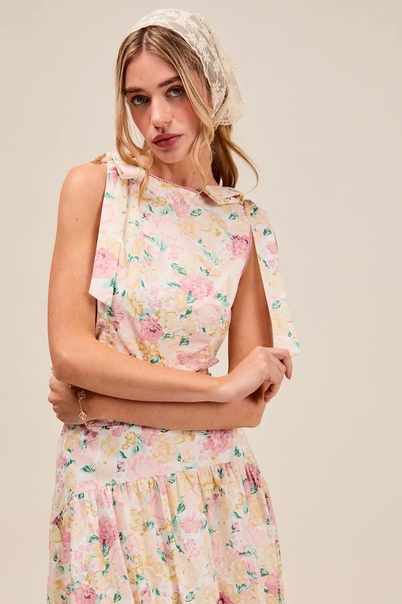 SO ME Floral Printed Woven Shoulder Bow Tie Top and Skirt Set - Blu Lotus Boutique