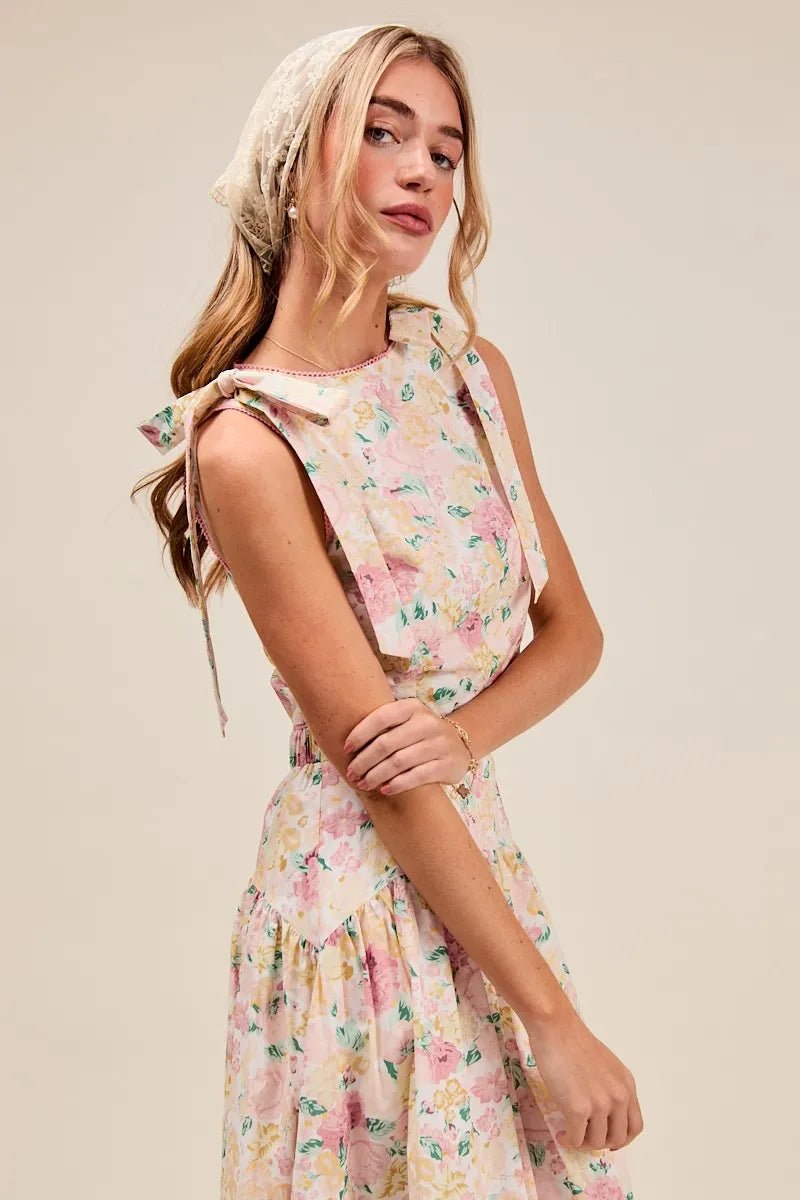 SO ME Floral Printed Woven Shoulder Bow Tie Top and Skirt Set - Blu Lotus Boutique