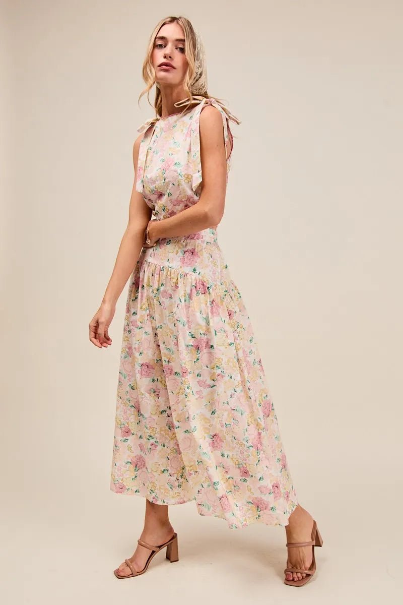 SO ME Floral Printed Woven Shoulder Bow Tie Top and Skirt Set - Blu Lotus Boutique