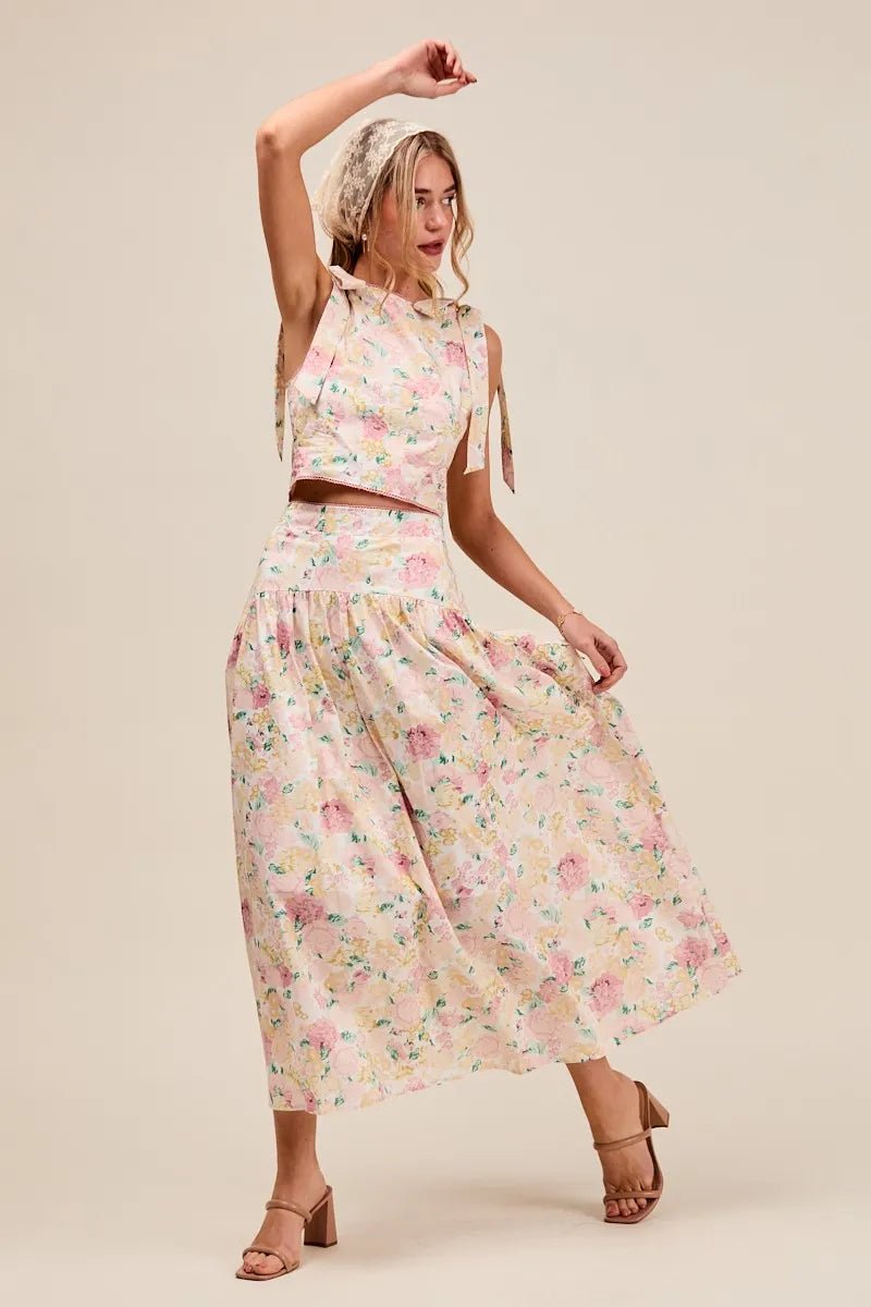 SO ME Floral Printed Woven Shoulder Bow Tie Top and Skirt Set - Blu Lotus Boutique