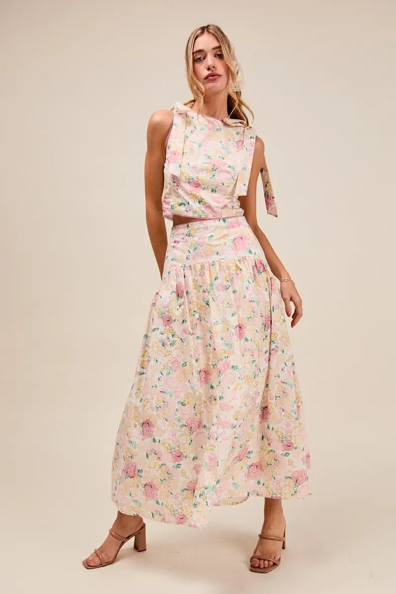 SO ME Floral Printed Woven Shoulder Bow Tie Top and Skirt Set - Blu Lotus Boutique