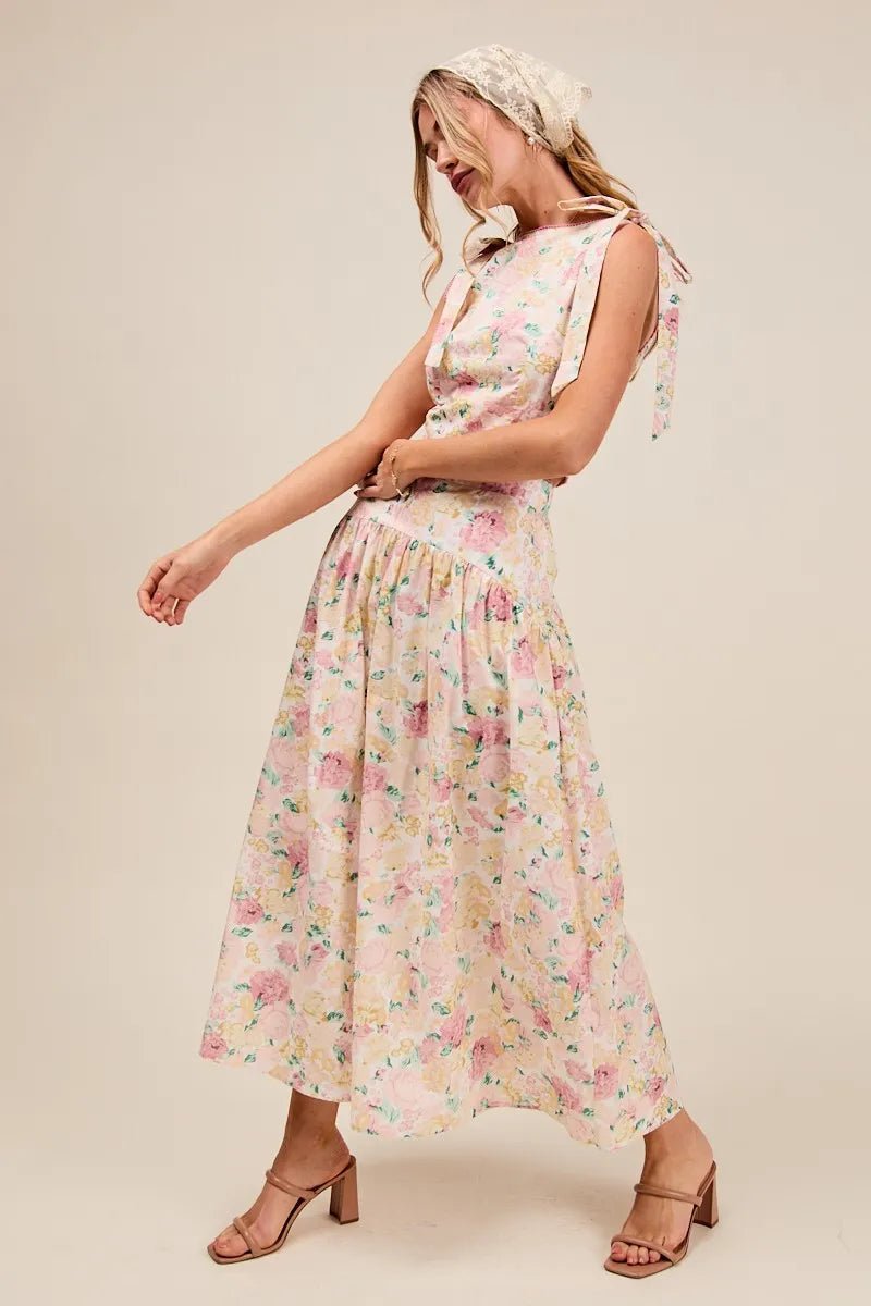 SO ME Floral Printed Woven Shoulder Bow Tie Top and Skirt Set - Blu Lotus Boutique