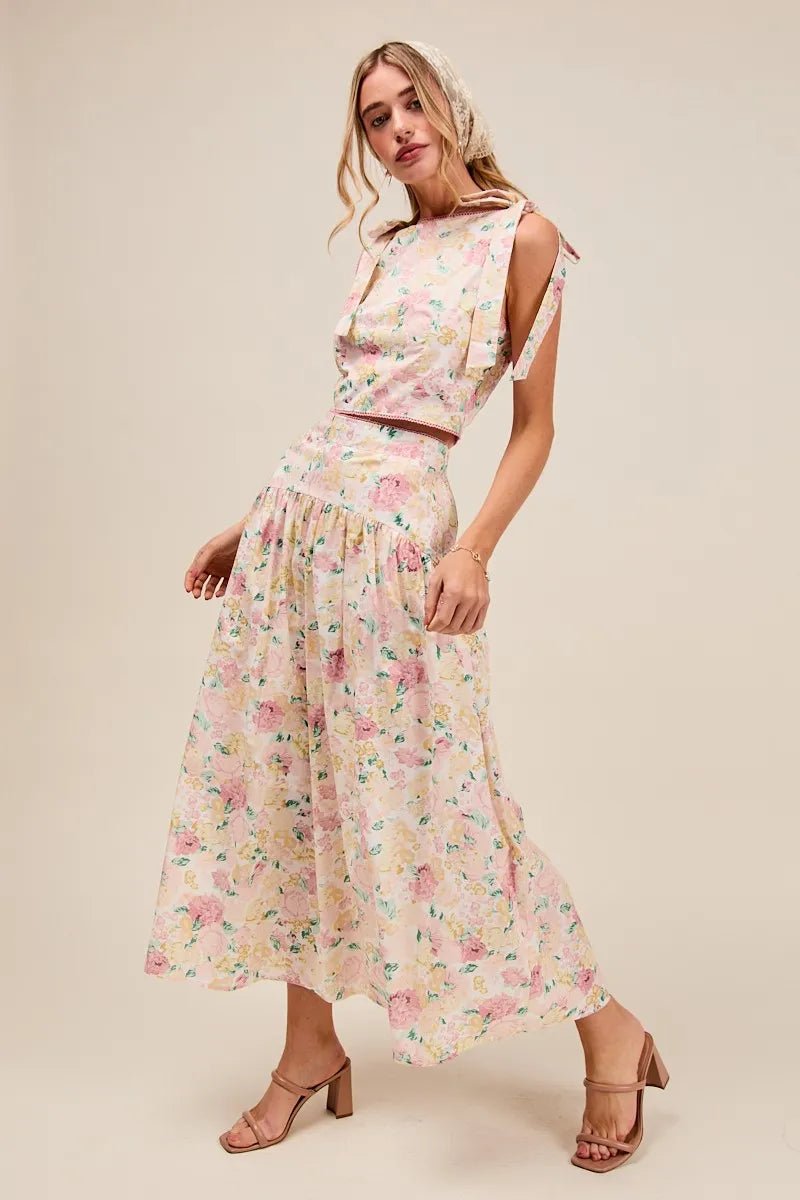 SO ME Floral Printed Woven Shoulder Bow Tie Top and Skirt Set - Blu Lotus Boutique