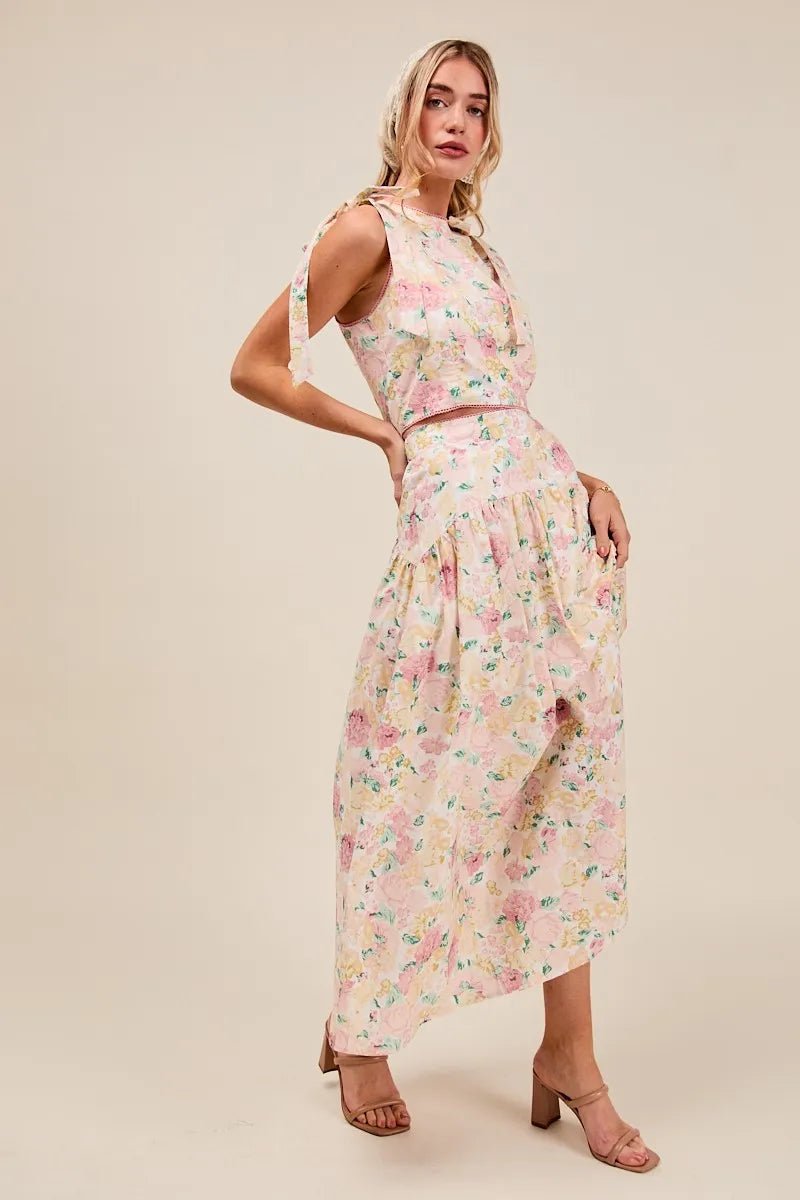 SO ME Floral Printed Woven Shoulder Bow Tie Top and Skirt Set - Blu Lotus Boutique