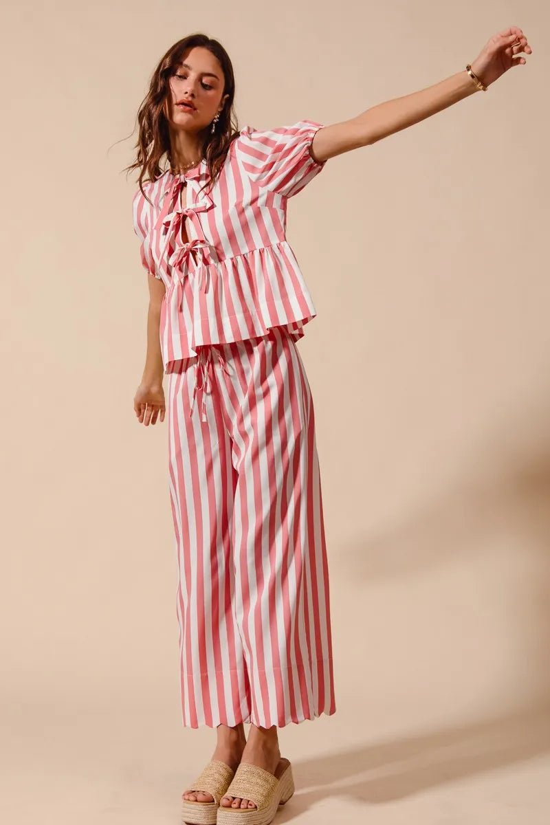 SO ME Front Tie Stripe Top With Puff Sleeves and Wide Leg Pants Set - Blu Lotus Boutique