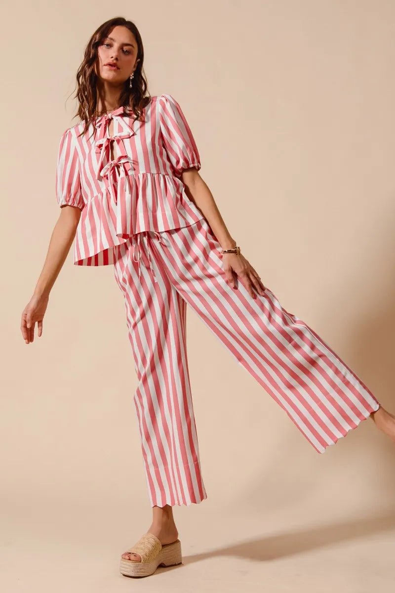SO ME Front Tie Stripe Top With Puff Sleeves and Wide Leg Pants Set - Blu Lotus Boutique