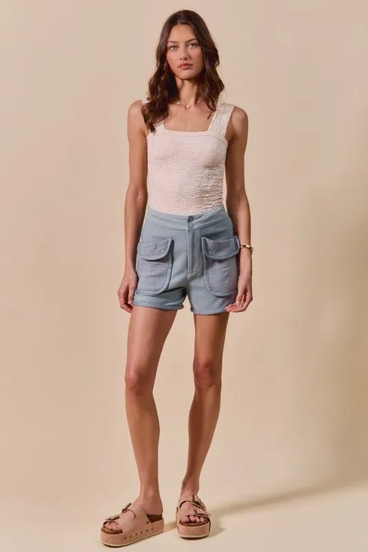 SO ME Mineral Washed Terry High Rise Cargo Shorts - Blu Lotus Boutique