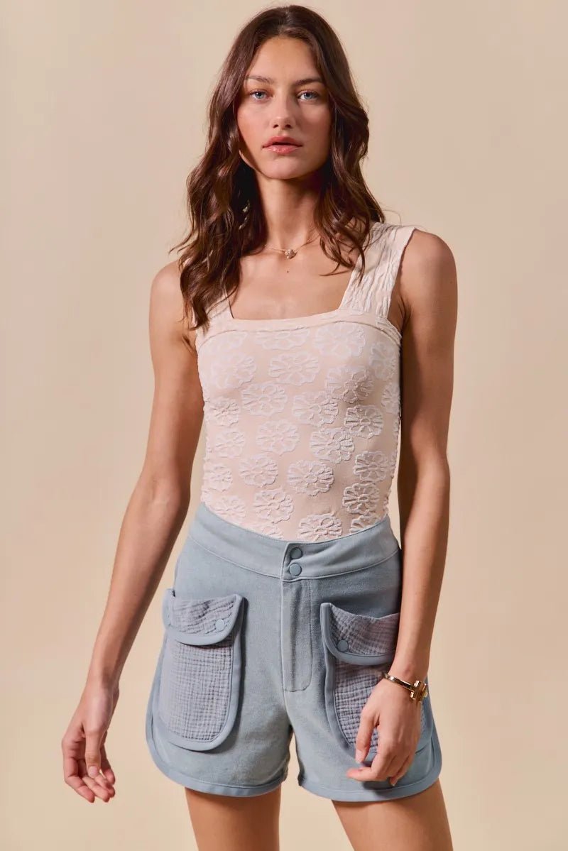 SO ME Mineral Washed Terry High Rise Cargo Shorts - Blu Lotus Boutique