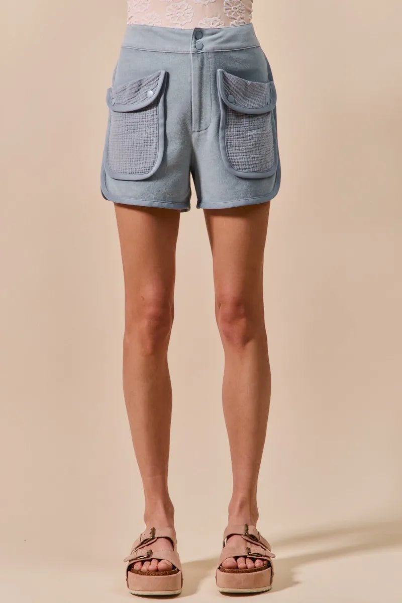 SO ME Mineral Washed Terry High Rise Cargo Shorts - Blu Lotus Boutique