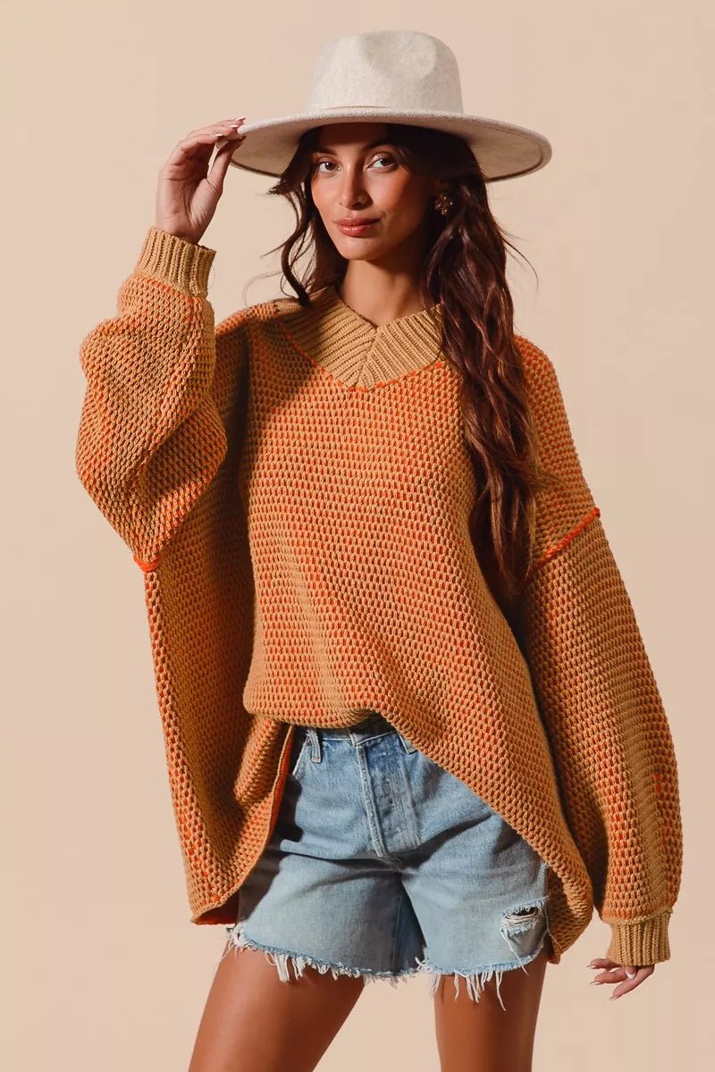 SO ME Oversized Two Tone Textured V Neck Sweater - Blu Lotus Boutique