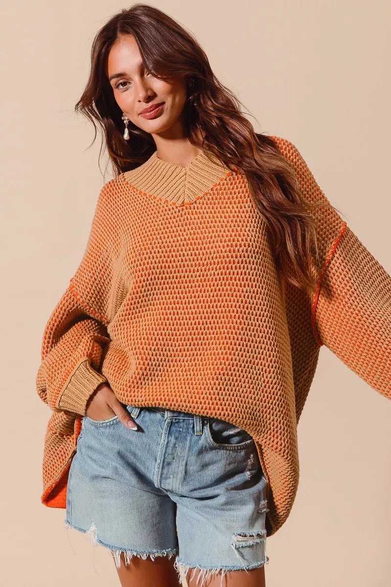 SO ME Oversized Two Tone Textured V Neck Sweater - Blu Lotus Boutique