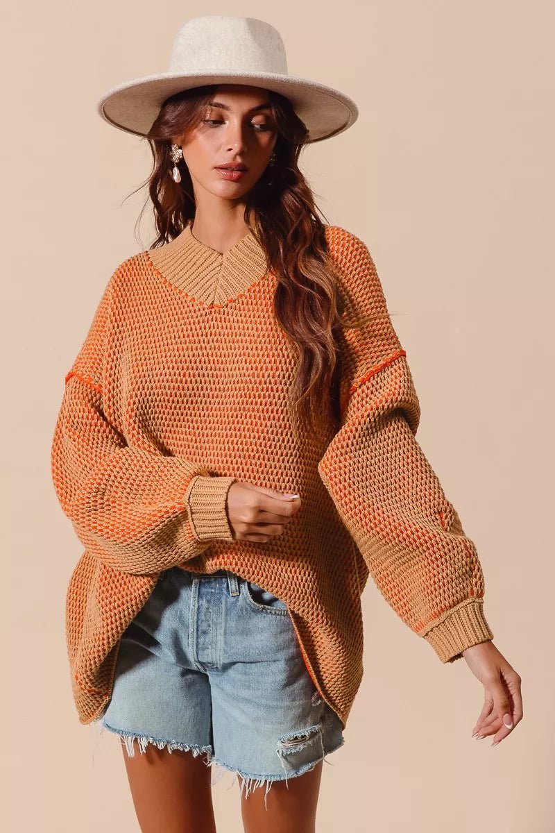 SO ME Oversized Two Tone Textured V Neck Sweater - Blu Lotus Boutique