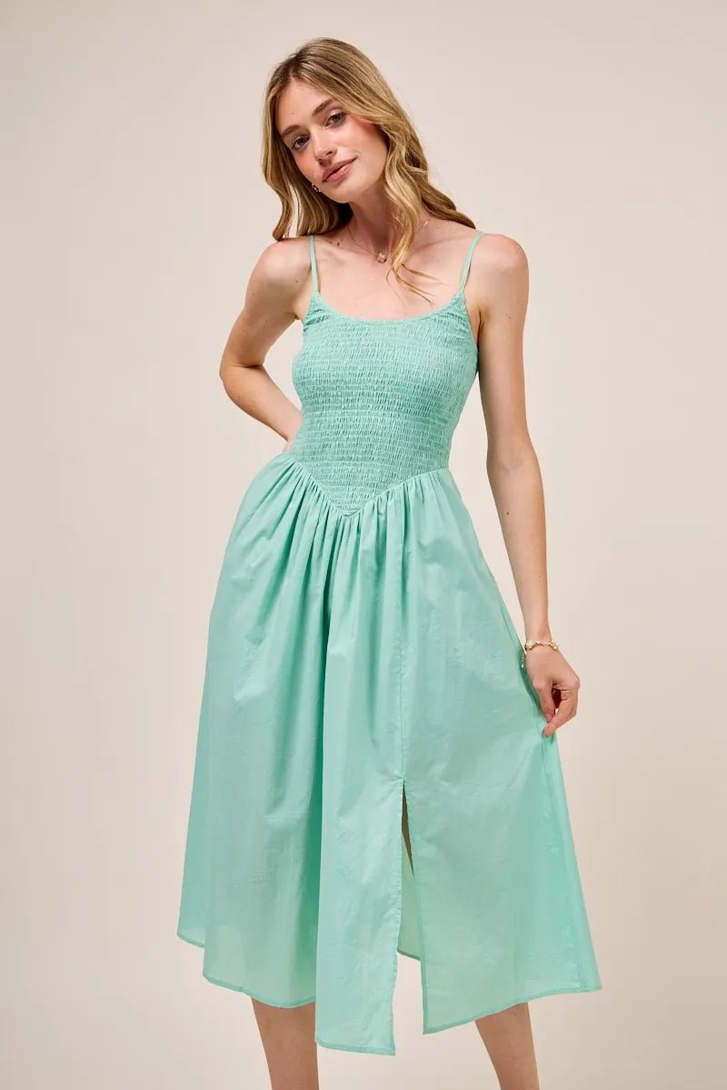SO ME Smocked Sleeveless Casual Everyday Dress With Slit - Blu Lotus Boutique