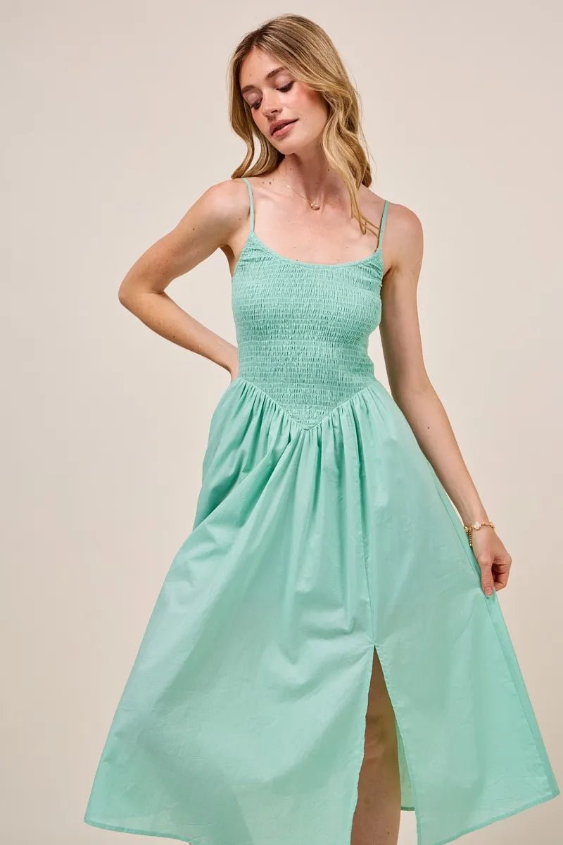 SO ME Smocked Sleeveless Casual Everyday Dress With Slit - Blu Lotus Boutique