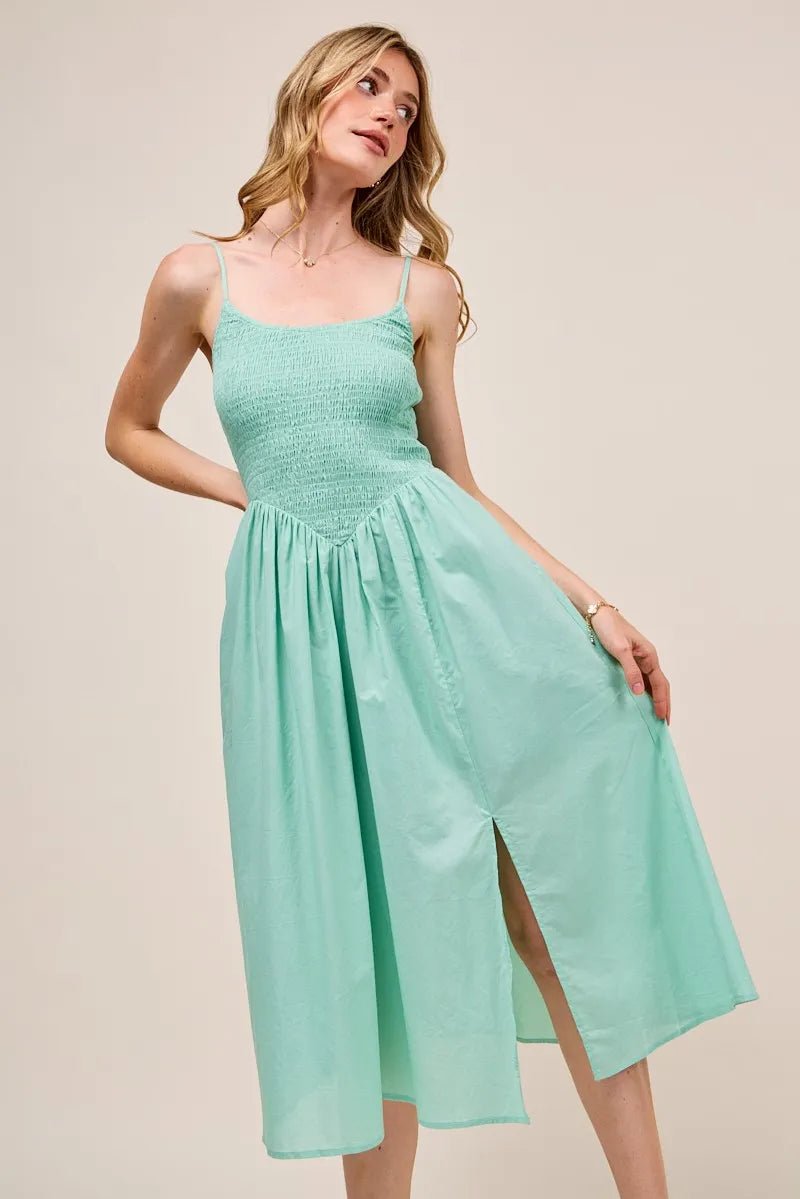 SO ME Smocked Sleeveless Casual Everyday Dress With Slit - Blu Lotus Boutique
