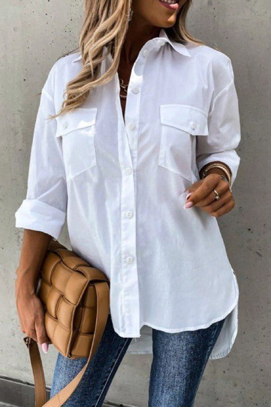 Solid Button Up Pockets Long Sleeves Blouse - Blu Lotus Boutique
