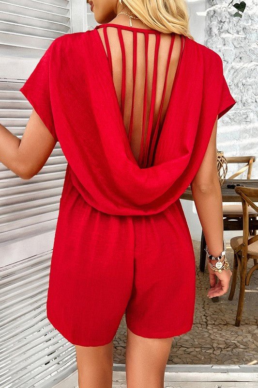 Solid Deep V Neck Drop Shoulder Loose Pockets Romp - Blu Lotus Boutique