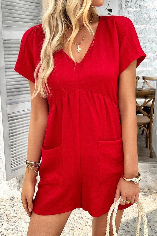 Solid Deep V Neck Drop Shoulder Loose Pockets Romp - Blu Lotus Boutique