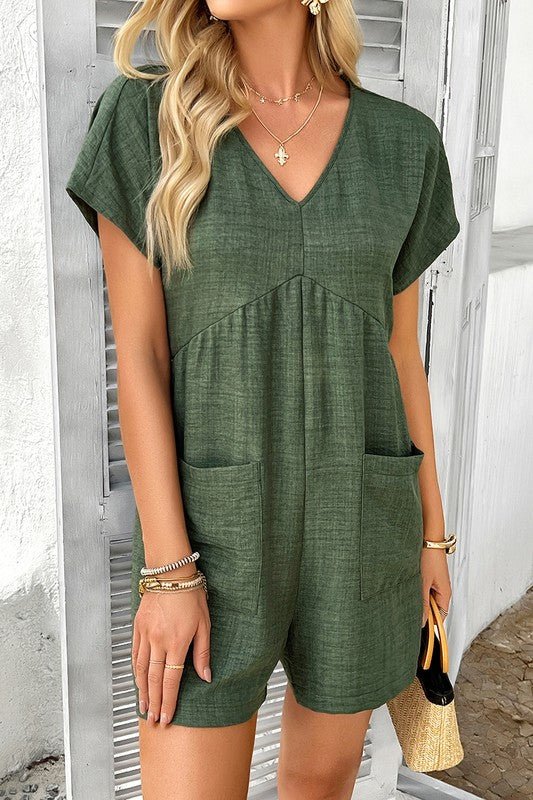 Solid Deep V Neck Drop Shoulder Loose Pockets Romp - Blu Lotus Boutique
