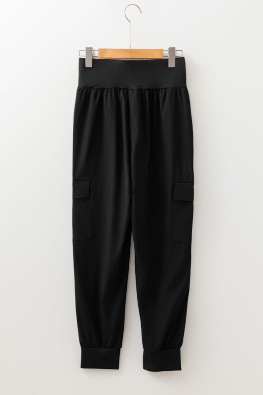 Solid Elastic High Waist Pocketed Cargo Jogger Pan - Blu Lotus Boutique