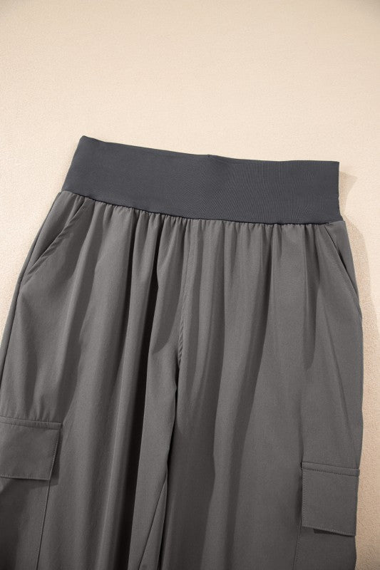 Solid Elastic High Waist Pocketed Cargo Jogger Pan - Blu Lotus Boutique