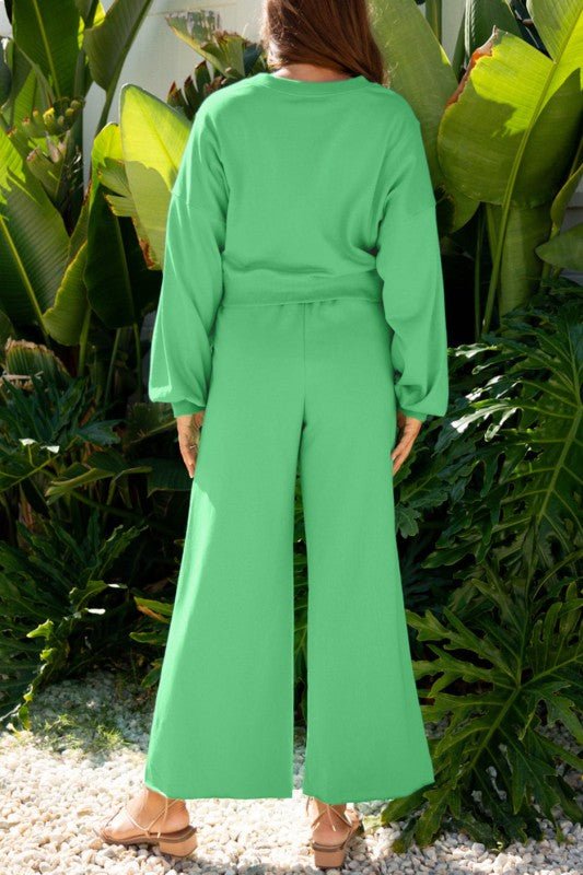 Solid Puff Sleeve Top and Drawstring Pants Set - Blu Lotus Boutique