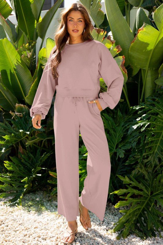Solid Puff Sleeve Top and Drawstring Pants Set - Blu Lotus Boutique