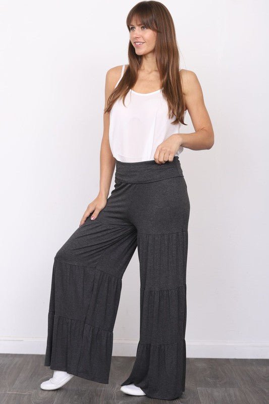 Solid Tiered Wide Leg Pants - Blu Lotus Boutique