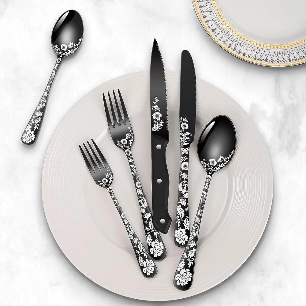 Stainless Steel 48 - Piece Black and Silver Cutlery Set for 8 with Steak Knives, Including Forks, Knives, and Spoons - Blu Lotus Boutique