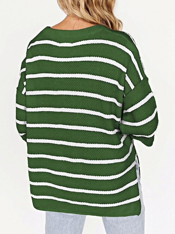 Stripe Drop Shoulder Oversized Henley Knit Tee - Blu Lotus Boutique