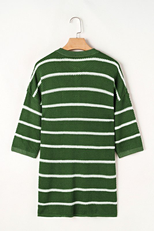 Stripe Drop Shoulder Oversized Henley Knit Tee - Blu Lotus Boutique