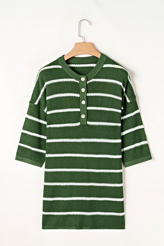 Stripe Drop Shoulder Oversized Henley Knit Tee - Blu Lotus Boutique