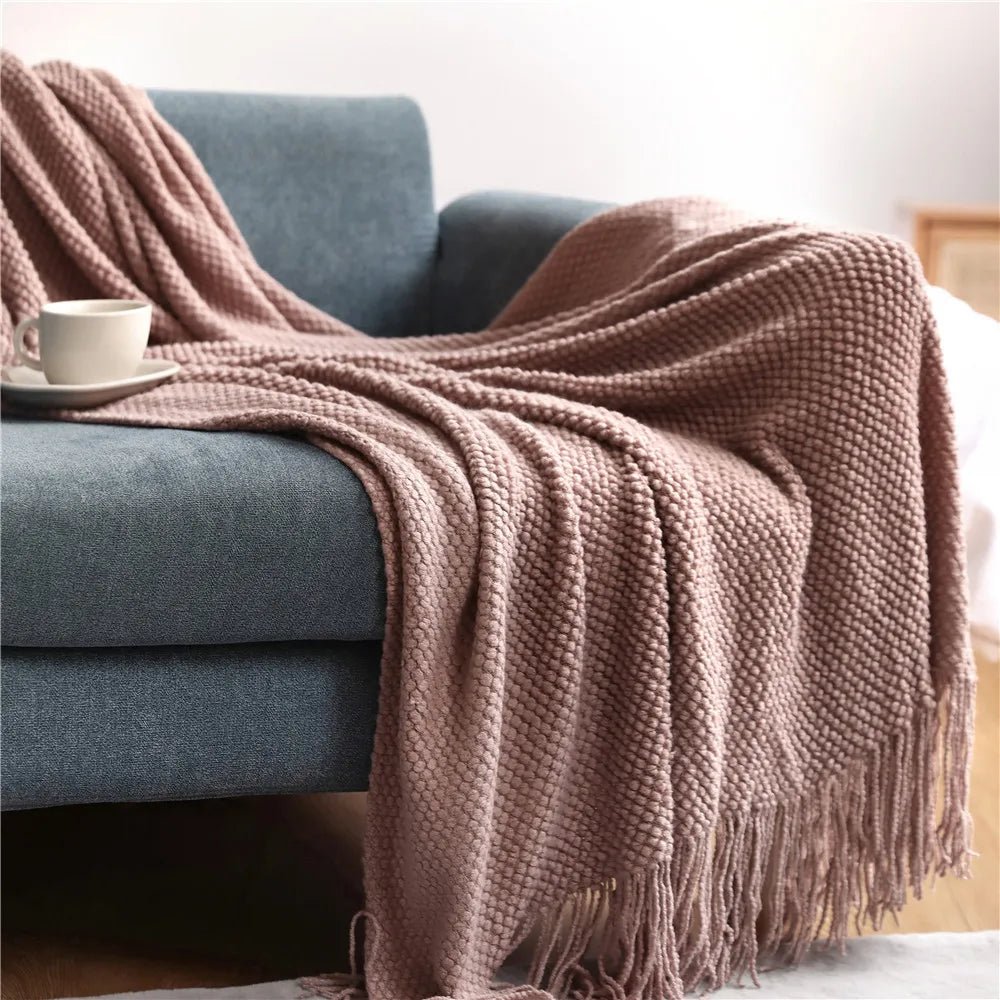 Textile City Home Decorative Thickened Knitted Blanket Corn Grain Waffle Embossed Winter Warm Tassels Throw Bedspread 130x240cm - Blu Lotus Boutique