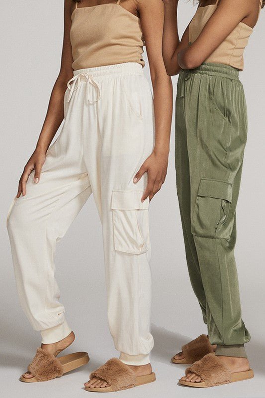 Textured satin cargo pants - Blu Lotus Boutique