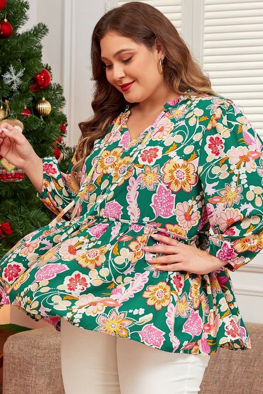 Tied V Neck Long Sleeve Plus Size Babydoll Top - Blu Lotus Boutique
