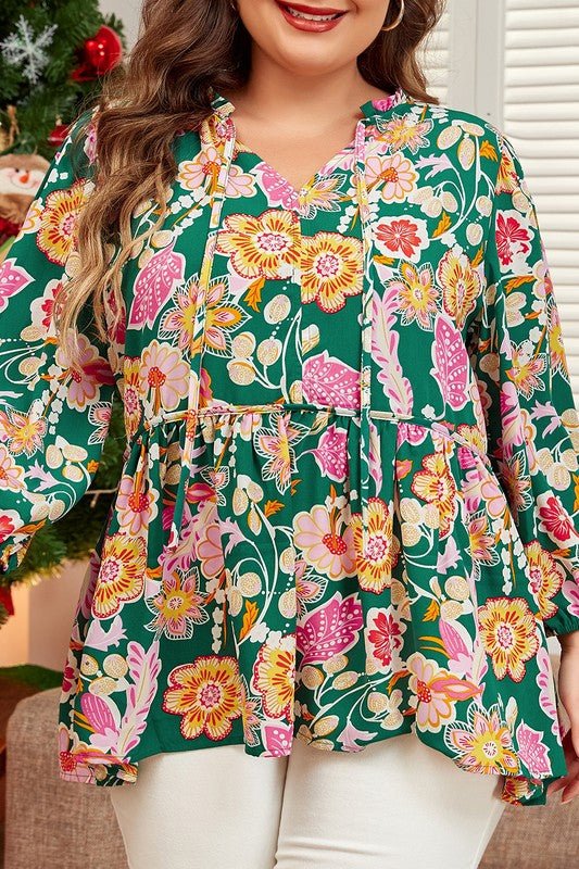 Tied V Neck Long Sleeve Plus Size Babydoll Top - Blu Lotus Boutique