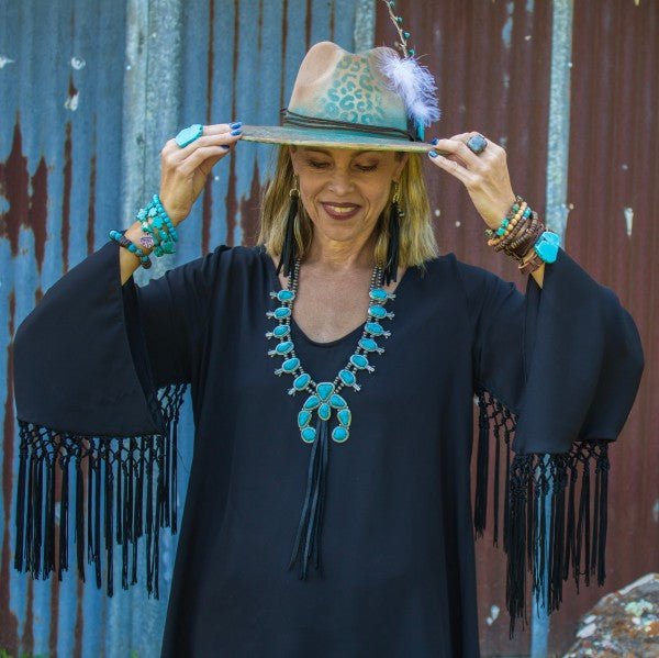 Turqu Squash Blossom Necklace w/ Long Black Tassel - Blu Lotus Boutique