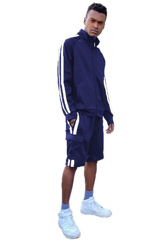 Two Stripe Cargo Pocket Track Jacket Short Suit - Blu Lotus Boutique