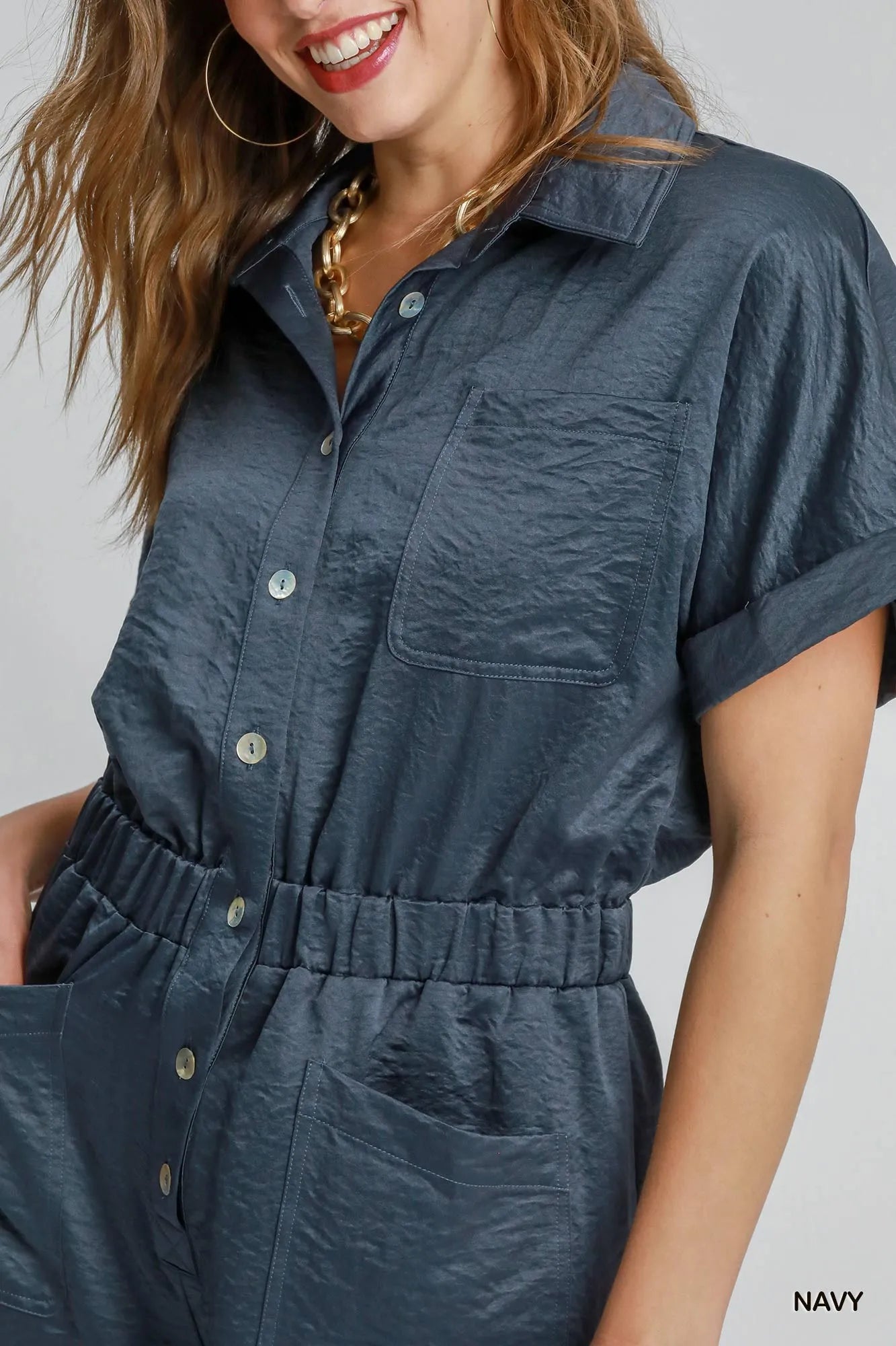 Umgee Button Down Charmeuse Romper - Blu Lotus Boutique