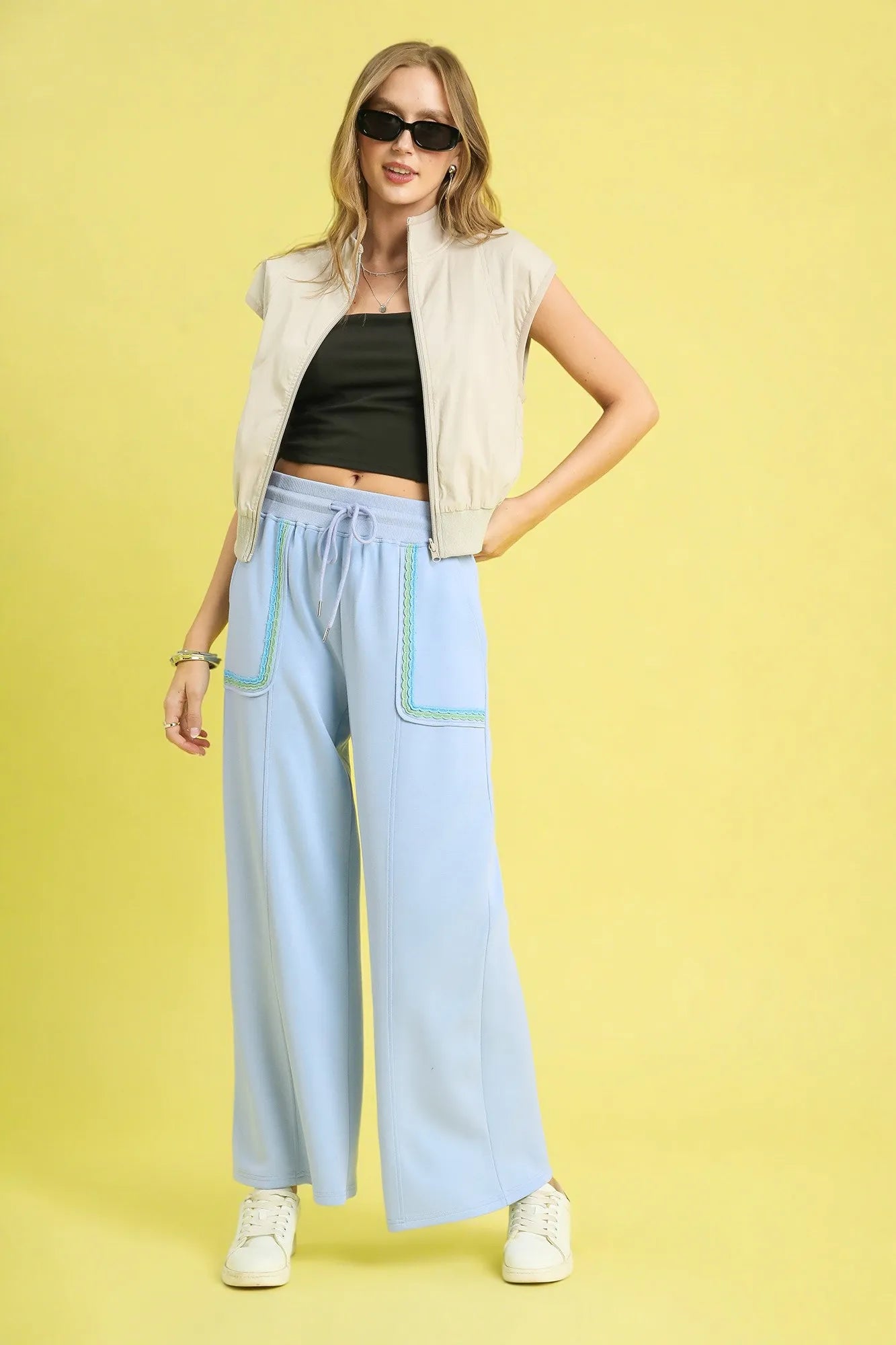 Umgee Drawstring Wide Leg Pants with Scallop Trim Detail - Blu Lotus Boutique